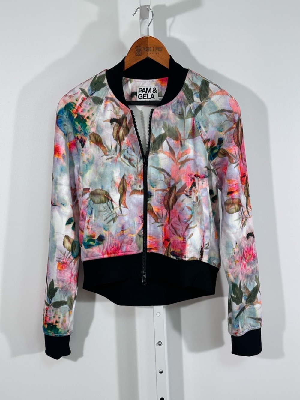 Pam & Gela Floral Print Bomber Jacket Small Watercolor Zip Front Cropped Jacket - Picture 2 of 8